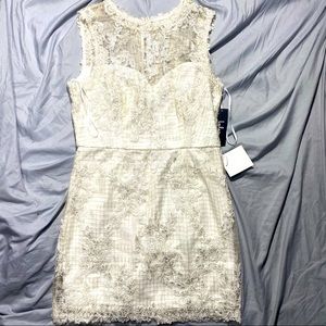 Lulu’s White Floral Embroidered Sheer/White Underlay Formal‎ Mini Dress NWT L